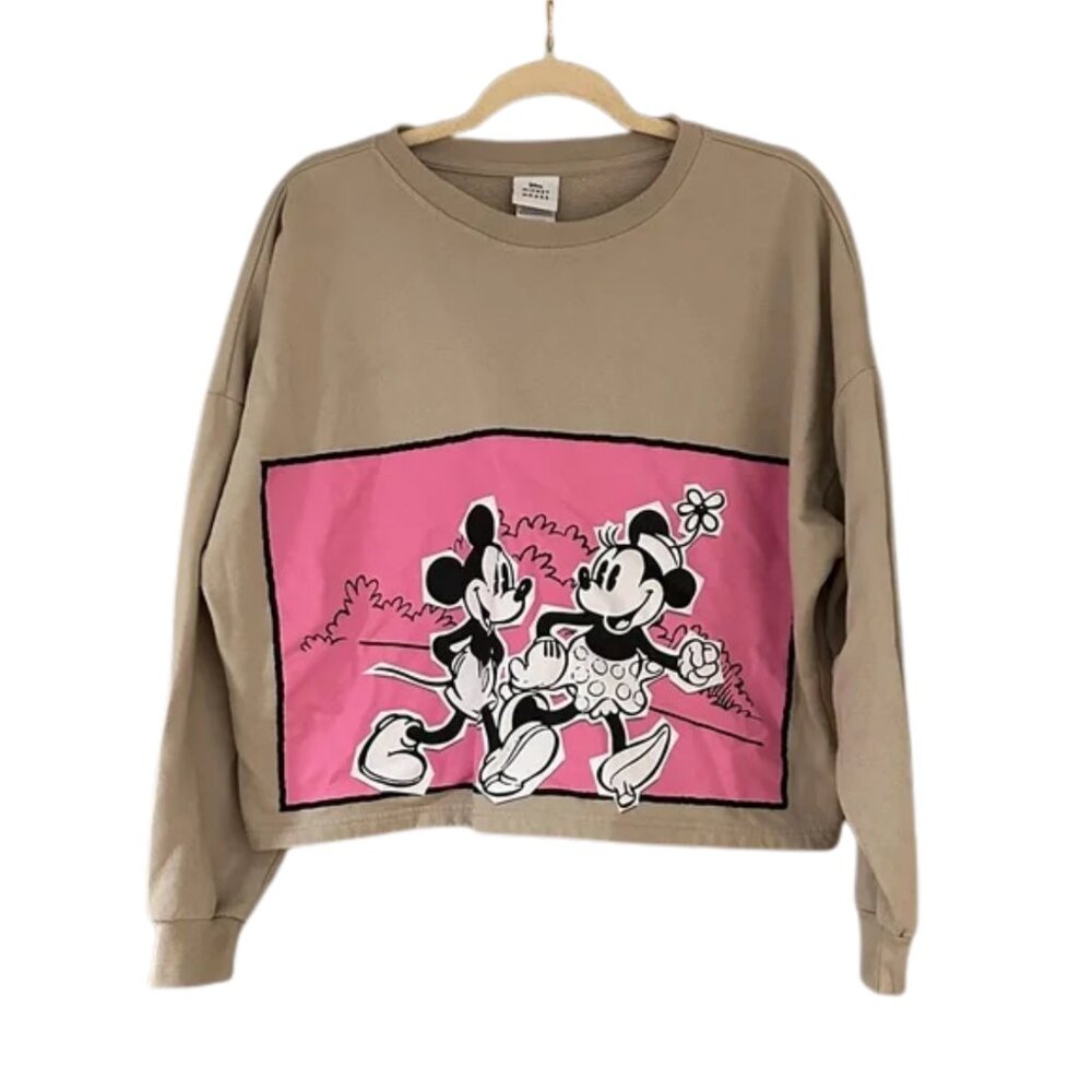 Disney Mickey & Minnie Mouse Cropped Crewneck Sweatshirt – Beige & Pink
